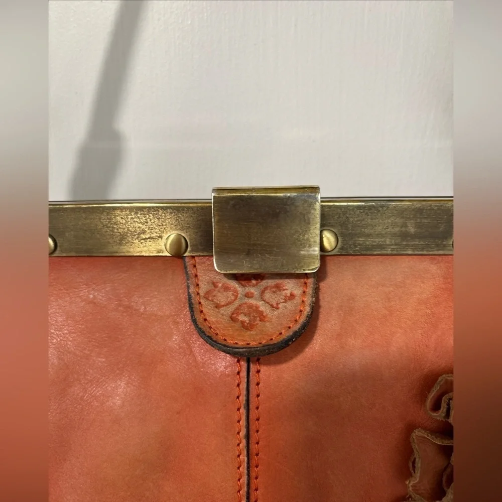 Patricia Nash Leather Ferraro Handbag Framed Flower Purse Clasp Pink Orange Bag